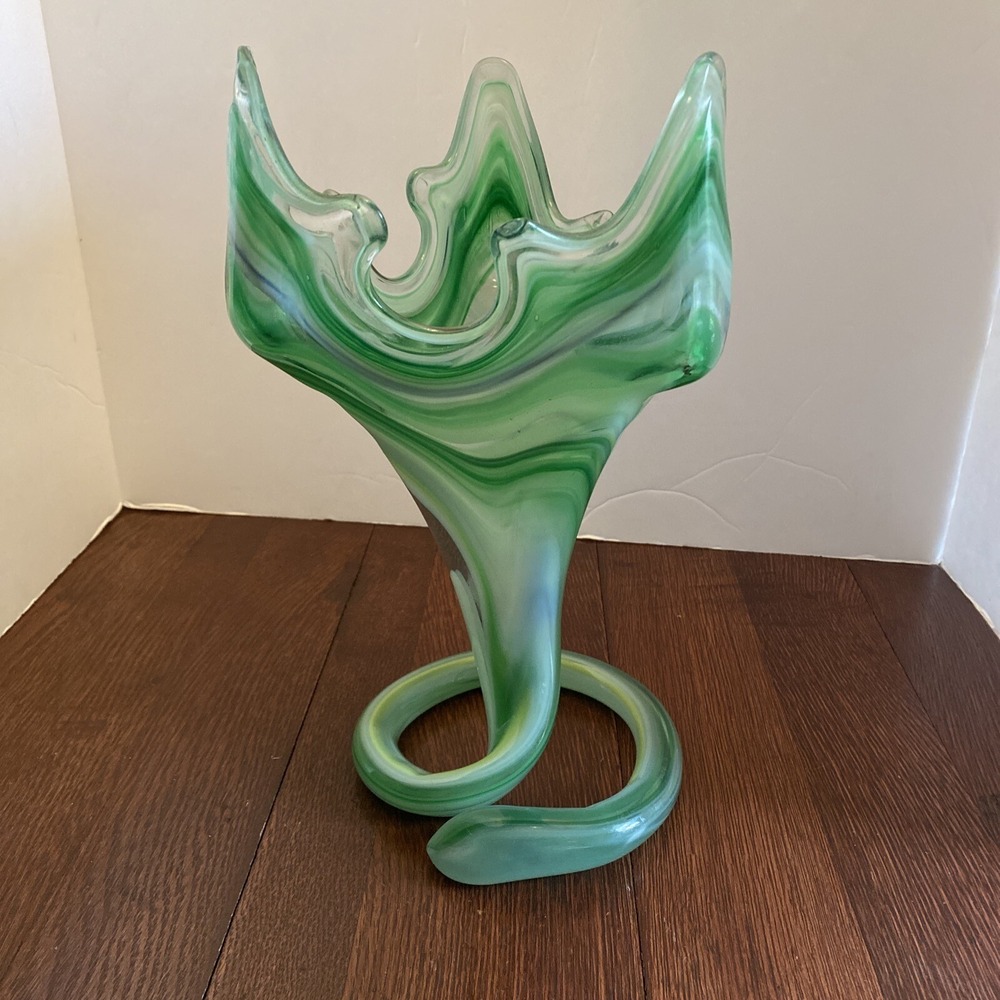 VINTAGE Hand Blown Green Blue Swirl Art Glass  Trumpet Vase Coil Spiral Base MCM